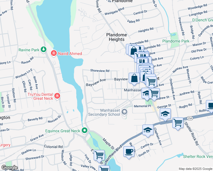 map of restaurants, bars, coffee shops, grocery stores, and more near 7 Bayview Court in Manhasset