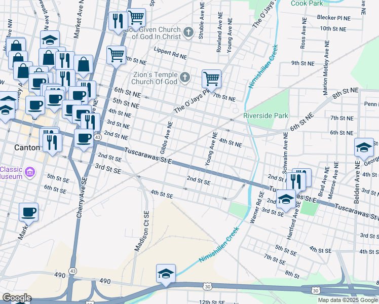 map of restaurants, bars, coffee shops, grocery stores, and more near 205 Rowland Avenue Southeast in Canton