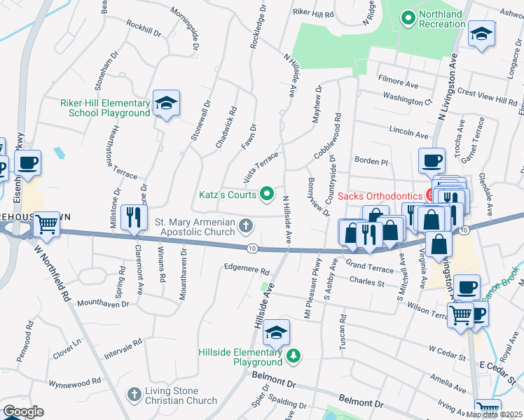 map of restaurants, bars, coffee shops, grocery stores, and more near 35 Surrey Lane in Livingston