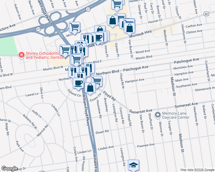 map of restaurants, bars, coffee shops, grocery stores, and more near 38 Essex Circle in Shirley