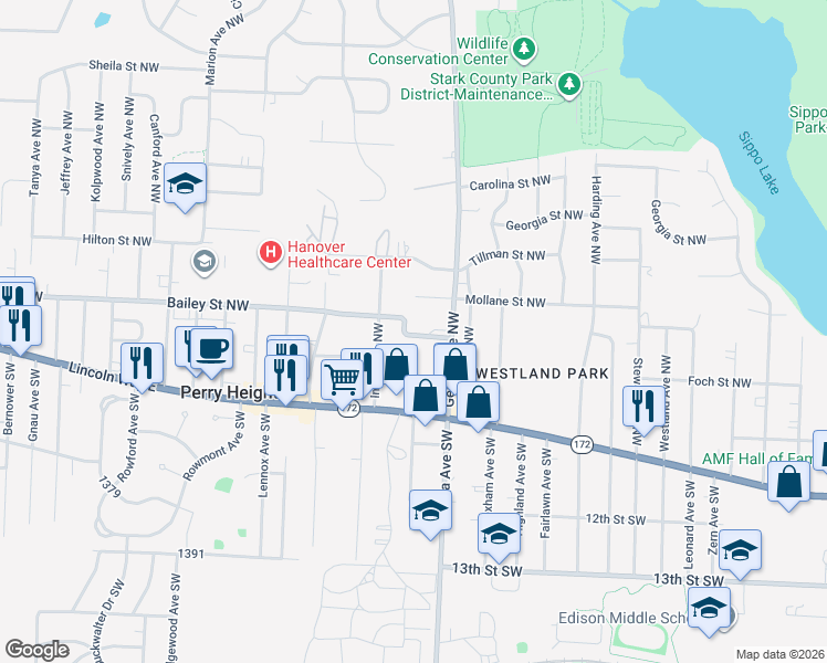 map of restaurants, bars, coffee shops, grocery stores, and more near 3528 Bailey Street Northwest in Massillon