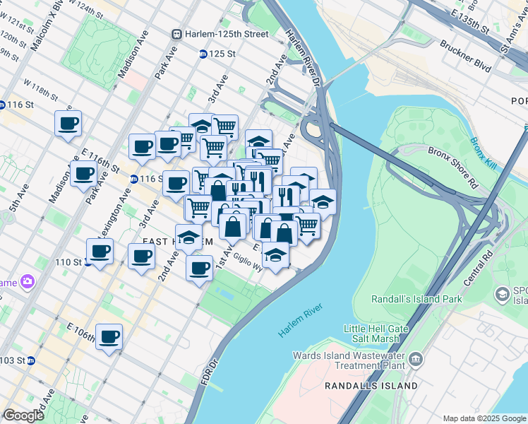 map of restaurants, bars, coffee shops, grocery stores, and more near 421 East 118th Street in New York