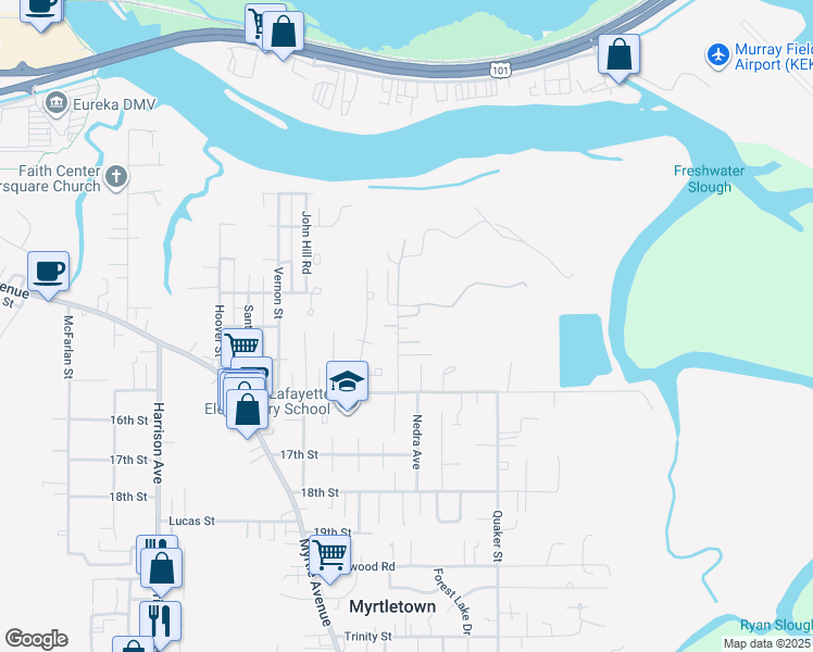 map of restaurants, bars, coffee shops, grocery stores, and more near 1425 Marsh Road in Eureka
