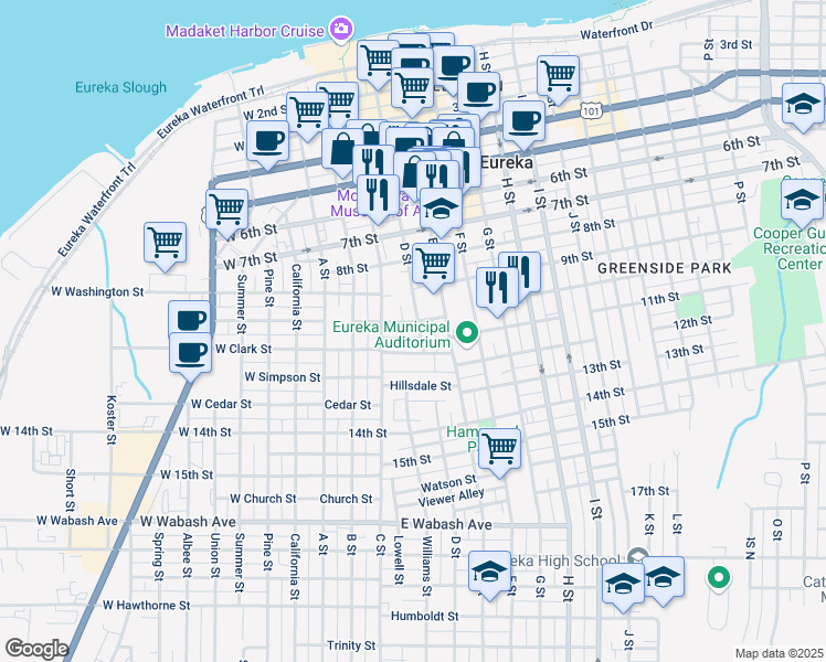 map of restaurants, bars, coffee shops, grocery stores, and more near 1027 D Street in Eureka