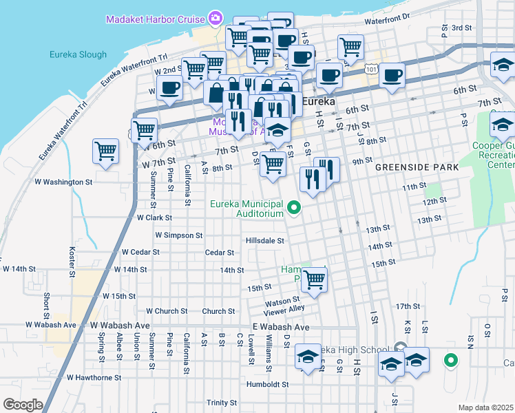 map of restaurants, bars, coffee shops, grocery stores, and more near 1027 D Street in Eureka
