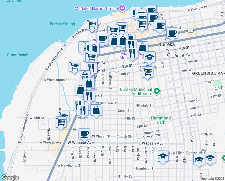 map of restaurants, bars, coffee shops, grocery stores, and more near 1011 California Street in Eureka