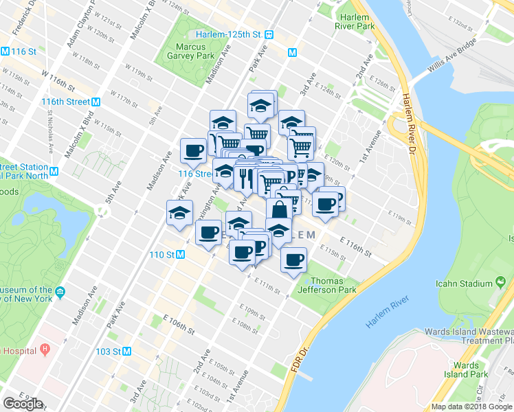 map of restaurants, bars, coffee shops, grocery stores, and more near 221 East 115th Street in New York
