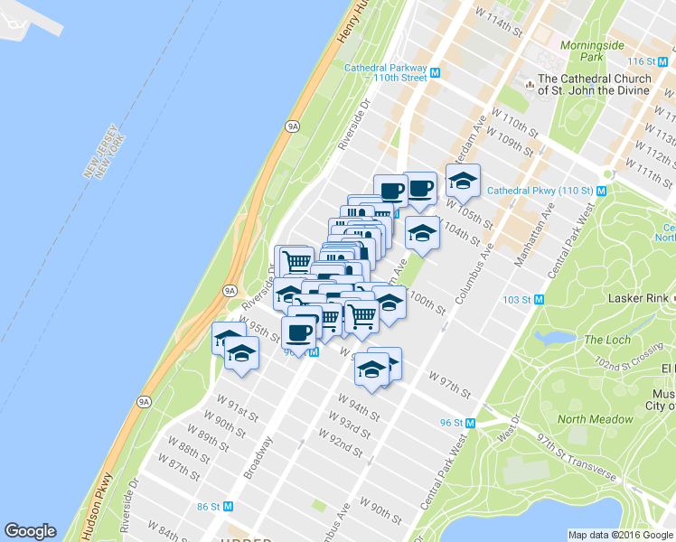 map of restaurants, bars, coffee shops, grocery stores, and more near in New York