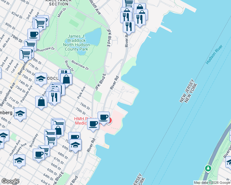 map of restaurants, bars, coffee shops, grocery stores, and more near 7912 River Road in North Bergen