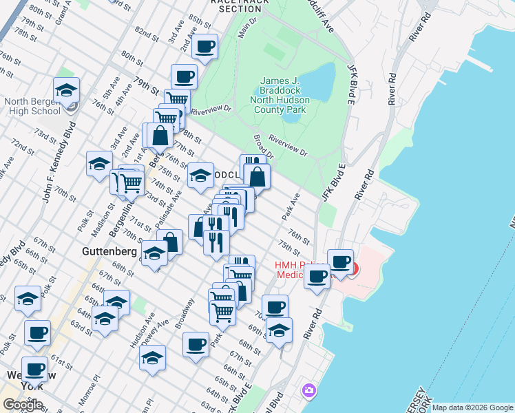 map of restaurants, bars, coffee shops, grocery stores, and more near 145 76th Street in North Bergen