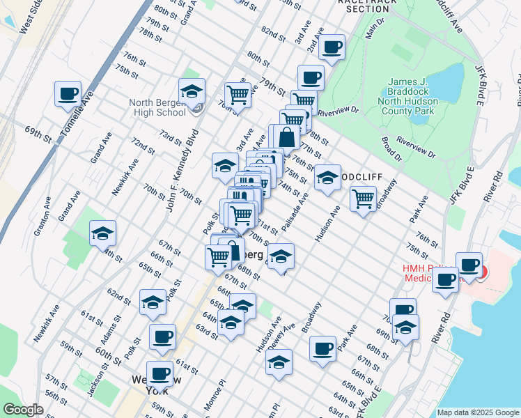 map of restaurants, bars, coffee shops, grocery stores, and more near 7118 Bergenline Avenue in North Bergen