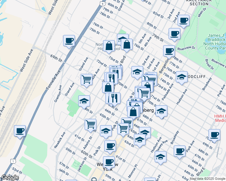map of restaurants, bars, coffee shops, grocery stores, and more near 6812 Bergenwood Avenue in North Bergen