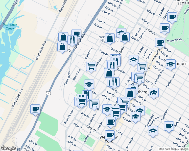 map of restaurants, bars, coffee shops, grocery stores, and more near 1309 67th Street in North Bergen