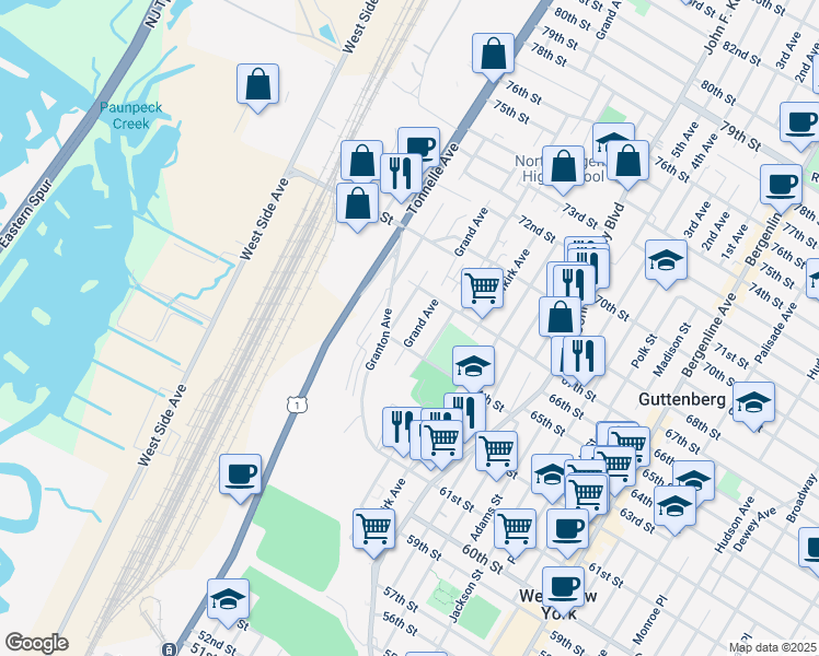 map of restaurants, bars, coffee shops, grocery stores, and more near 6411 Grand Avenue in North Bergen