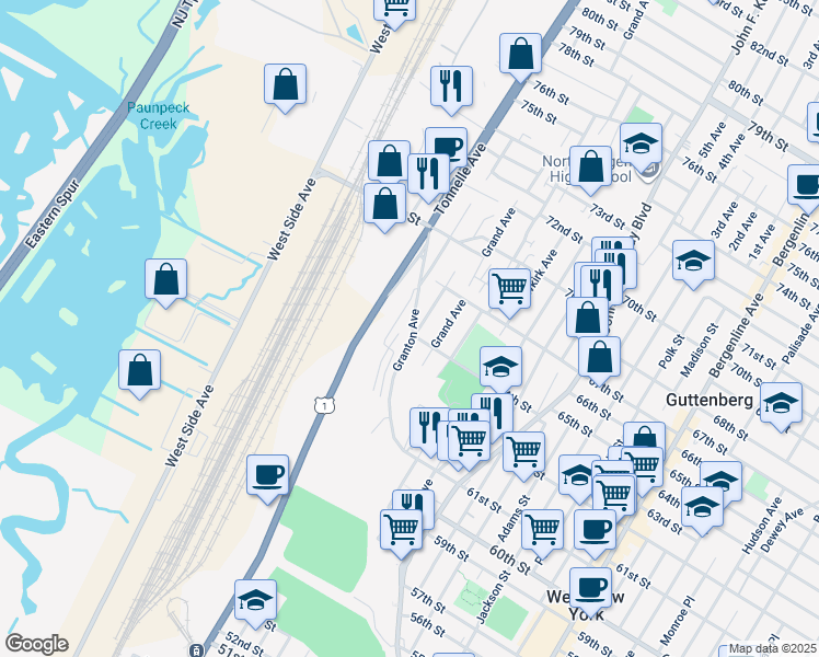 map of restaurants, bars, coffee shops, grocery stores, and more near 6310 Liberty Avenue in North Bergen