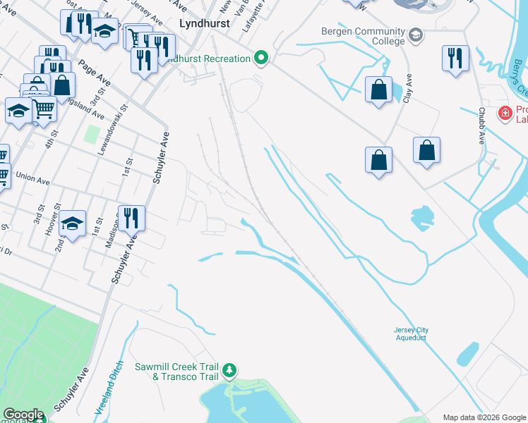 map of restaurants, bars, coffee shops, grocery stores, and more near 1 Jerome Ave in Lyndhurst