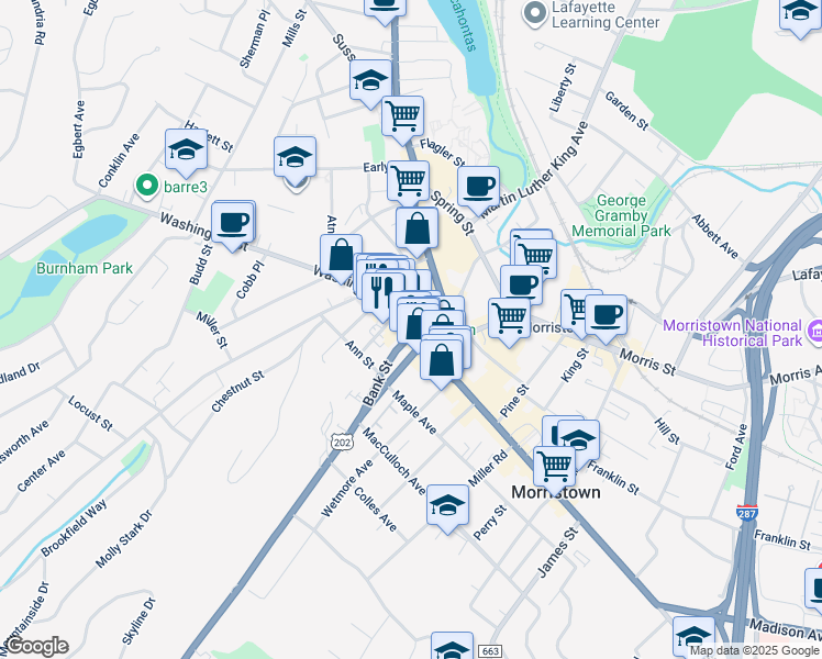 map of restaurants, bars, coffee shops, grocery stores, and more near 6 Washington Street in Morristown