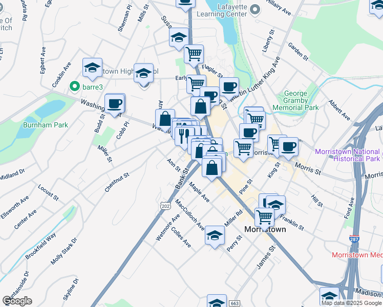 map of restaurants, bars, coffee shops, grocery stores, and more near 6 Washington Street in Morristown