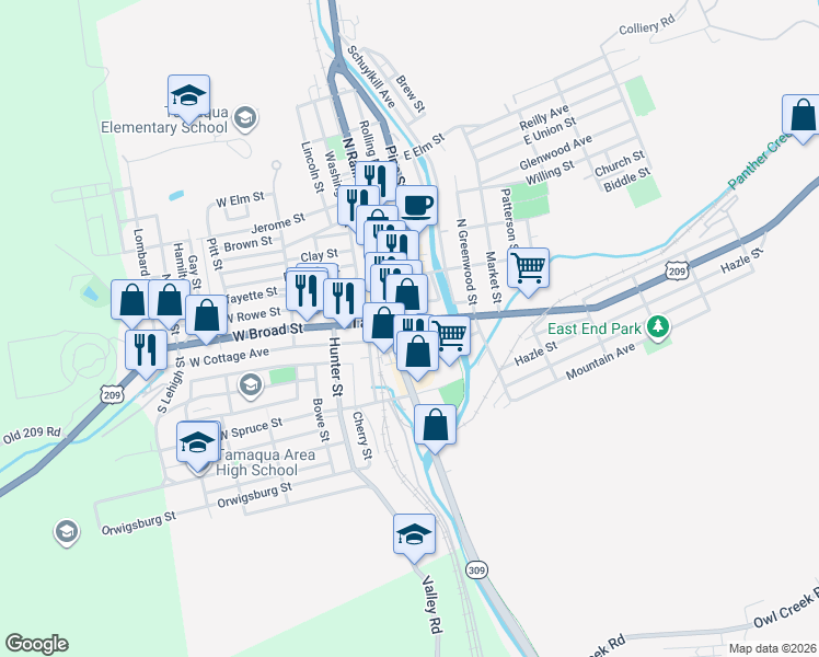 map of restaurants, bars, coffee shops, grocery stores, and more near in Tamaqua