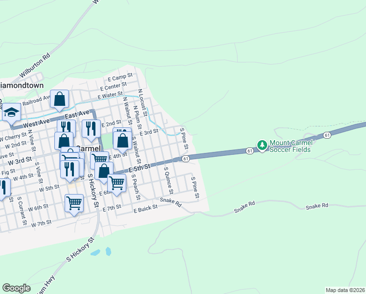 map of restaurants, bars, coffee shops, grocery stores, and more near 101-199 South Pine Street in Mount Carmel