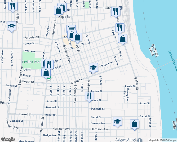 map of restaurants, bars, coffee shops, grocery stores, and more near 1110 South 8th Street in Burlington