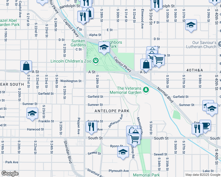 map of restaurants, bars, coffee shops, grocery stores, and more near 2933 Everett Street in Lincoln
