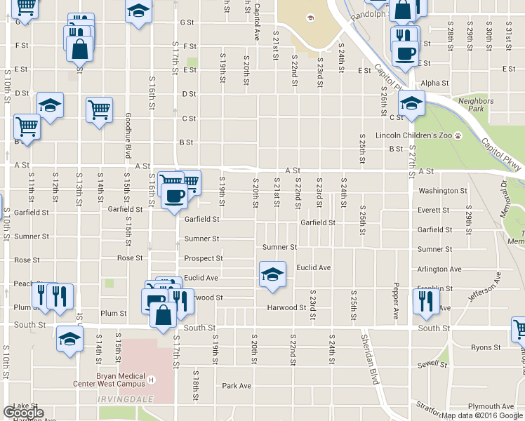 map of restaurants, bars, coffee shops, grocery stores, and more near 1544 South 20th Street in Lincoln