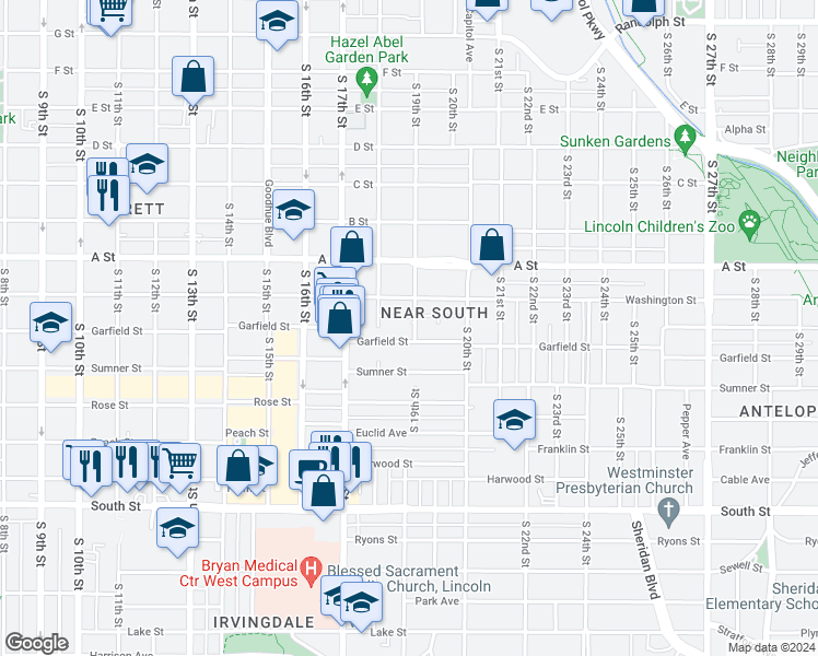 map of restaurants, bars, coffee shops, grocery stores, and more near 1828 Garfield Street in Lincoln