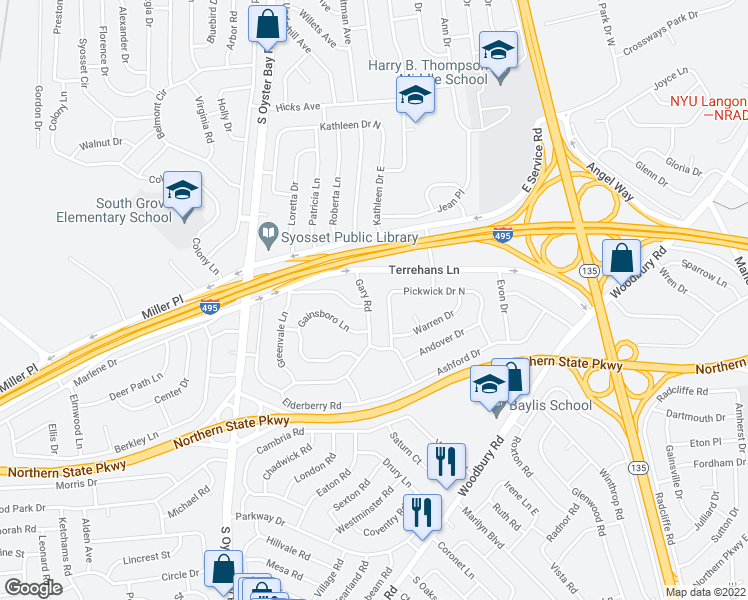 map of restaurants, bars, coffee shops, grocery stores, and more near 52 Gary Road in Syosset