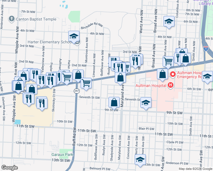 map of restaurants, bars, coffee shops, grocery stores, and more near 3300 6th Street Southwest in Canton