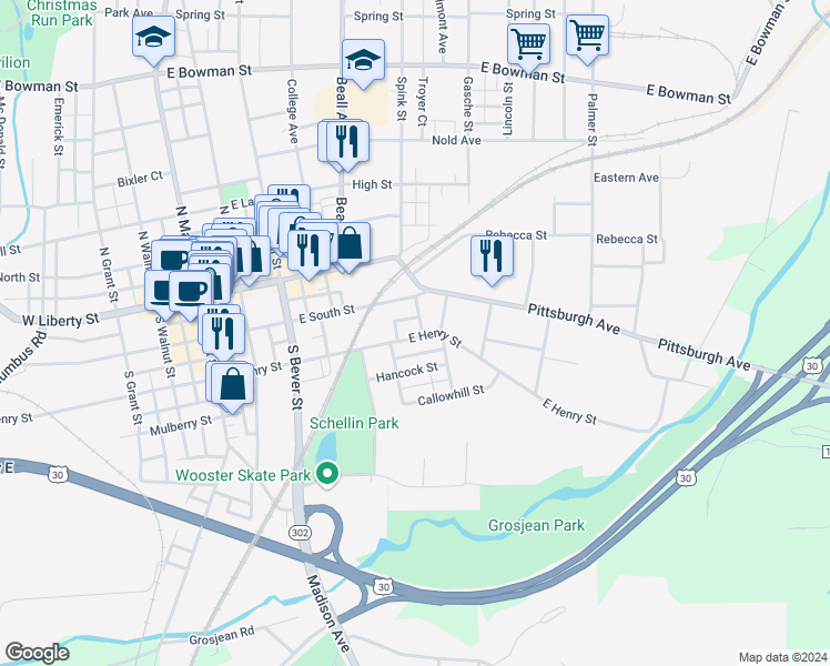 map of restaurants, bars, coffee shops, grocery stores, and more near 631 East Henry Street in Wooster