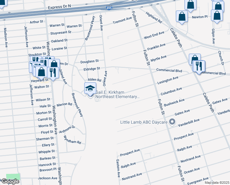 map of restaurants, bars, coffee shops, grocery stores, and more near 1 Lexington Ave in Brentwood