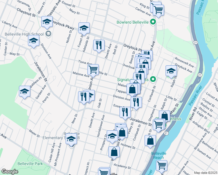 map of restaurants, bars, coffee shops, grocery stores, and more near 80 Tappan Avenue in Belleville