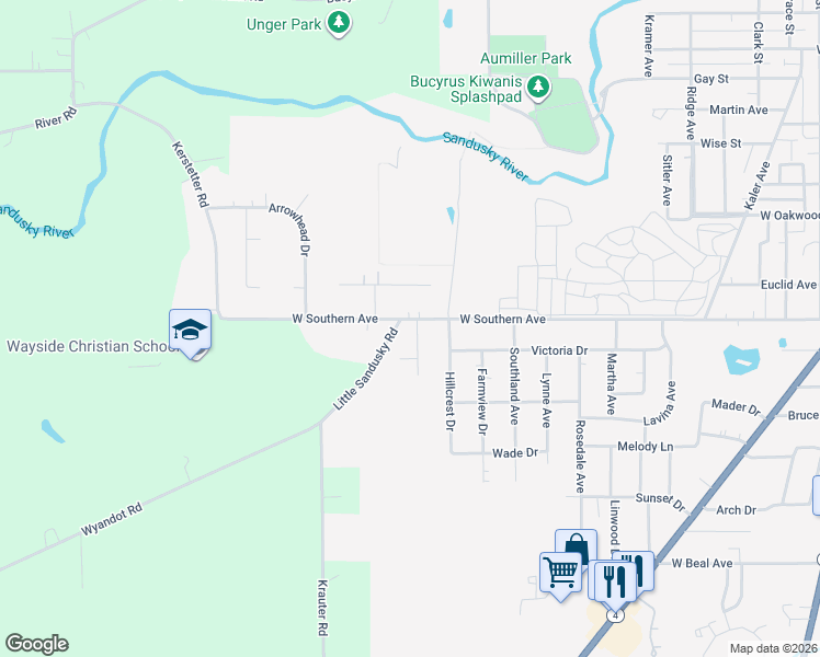 map of restaurants, bars, coffee shops, grocery stores, and more near 1403 Fairmeadow Drive in Bucyrus