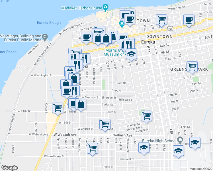 map of restaurants, bars, coffee shops, grocery stores, and more near 1000 B Street in Eureka