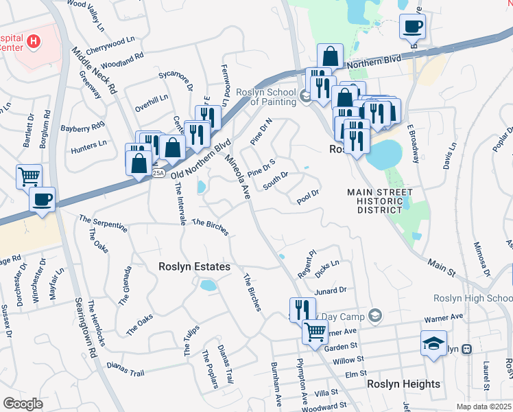 map of restaurants, bars, coffee shops, grocery stores, and more near 3 Glen Avenue in Roslyn