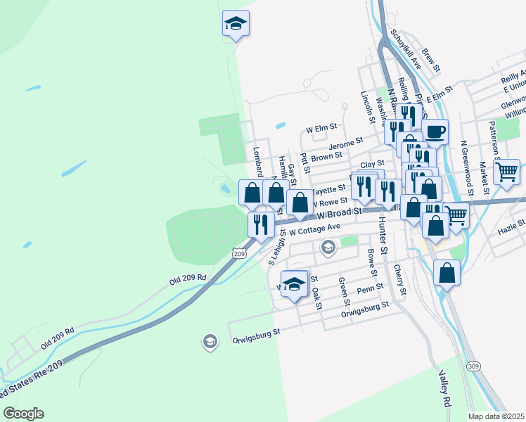 map of restaurants, bars, coffee shops, grocery stores, and more near 421 West Rowe Street in Tamaqua