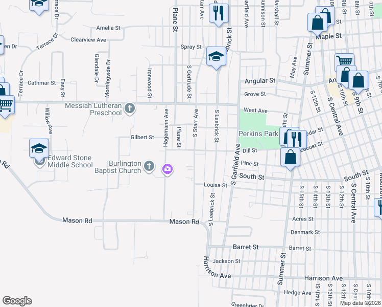 map of restaurants, bars, coffee shops, grocery stores, and more near 1101 South Starr Avenue in Burlington