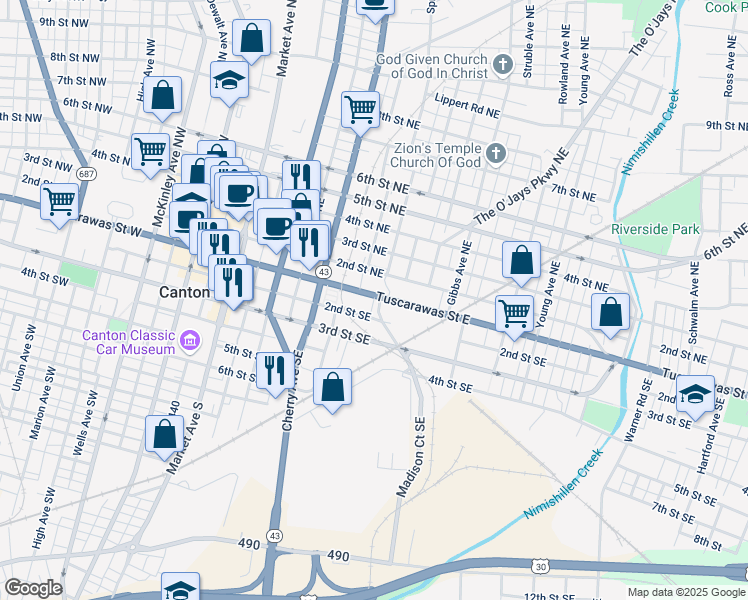 map of restaurants, bars, coffee shops, grocery stores, and more near Commerce Court Southeast in Canton