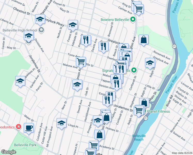 map of restaurants, bars, coffee shops, grocery stores, and more near 80 Tappan Avenue in Belleville