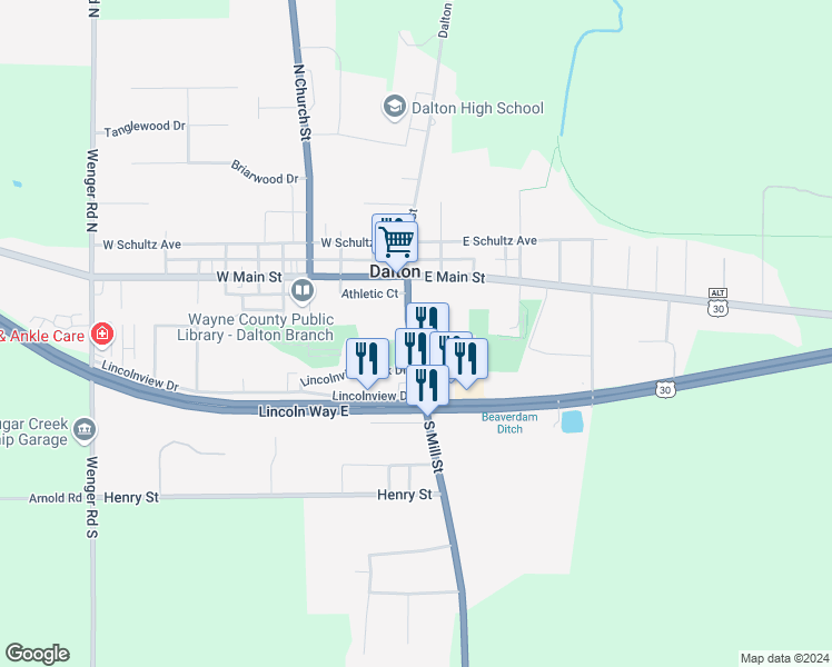 map of restaurants, bars, coffee shops, grocery stores, and more near 152 South Mill Street in Dalton