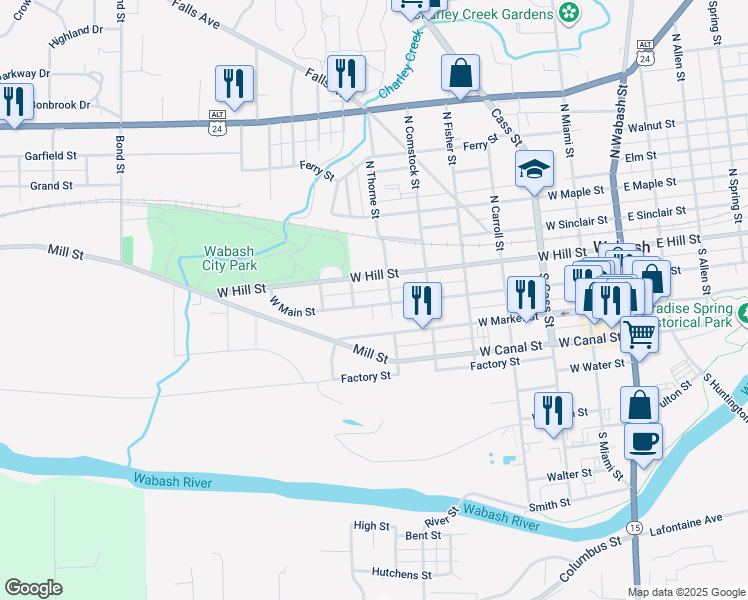 map of restaurants, bars, coffee shops, grocery stores, and more near 642 West Main Street in Wabash