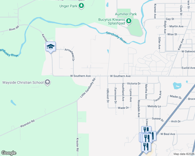 map of restaurants, bars, coffee shops, grocery stores, and more near 1403 Fairmeadow Drive in Bucyrus