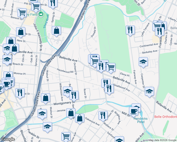 map of restaurants, bars, coffee shops, grocery stores, and more near 18 Davey Street in Bloomfield