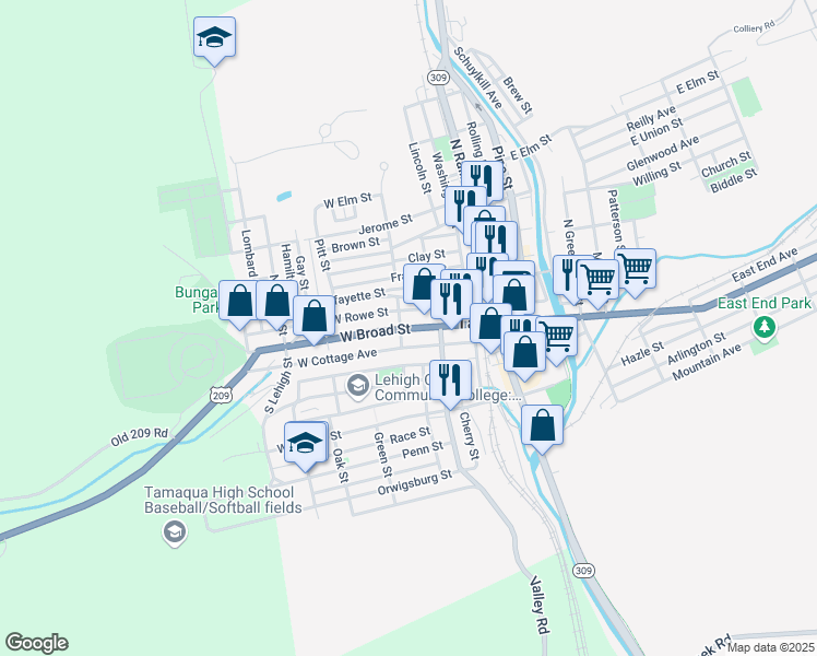 map of restaurants, bars, coffee shops, grocery stores, and more near 133 West Broad Street in Tamaqua