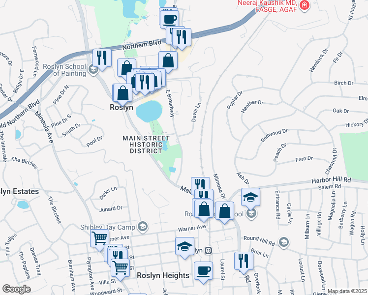 map of restaurants, bars, coffee shops, grocery stores, and more near 165 East Broadway in Roslyn