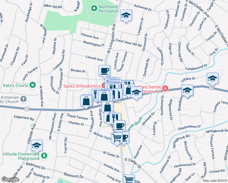 map of restaurants, bars, coffee shops, grocery stores, and more near 1304 Town Center Way in Livingston
