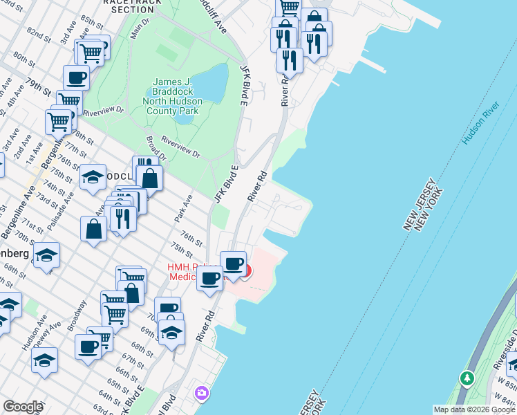 map of restaurants, bars, coffee shops, grocery stores, and more near 7912 River Road in North Bergen