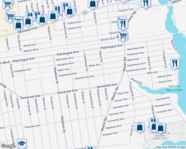 map of restaurants, bars, coffee shops, grocery stores, and more near 103 Shinnecock Avenue in Mastic