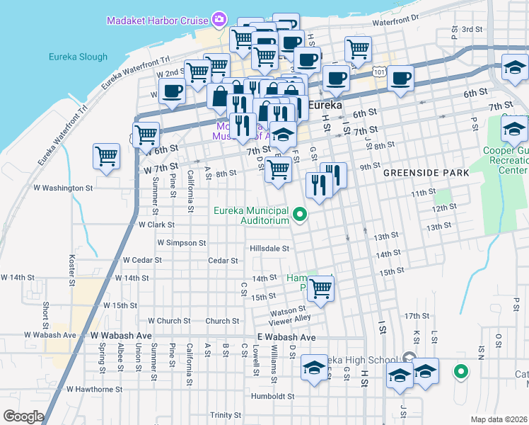 map of restaurants, bars, coffee shops, grocery stores, and more near 250 Grant Street in Eureka